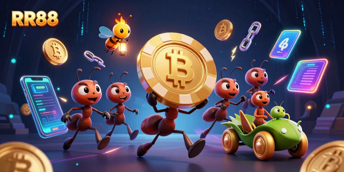RR88 showcases a 3D team of ants on a heist with a golden poker chip, illuminated by crypto elements.